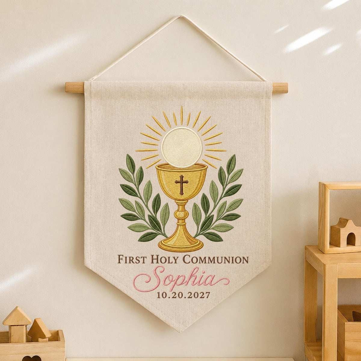 Personalized First Holy Communion Embroidered Wall Hanging Banner, Custom Name Catholic Gift, Eucharist Keepsake, Christian Religious Decor