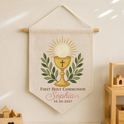 Personalized First Holy Communion Embroidered Wall Hanging Banner, Custom Name Catholic Gift, Eucharist Keepsake, Christian Religious Decor