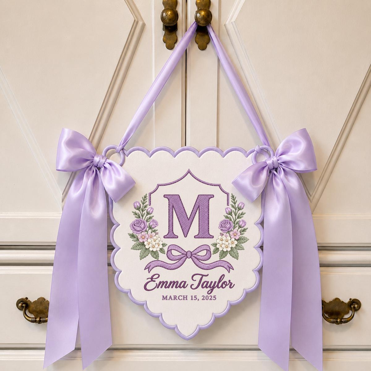 Personalized Name Banner Emma Taylor Floral Wall Decor Blue Rose Embroidery Initial M Bow Ornament Custom Wedding Anniversary Gift