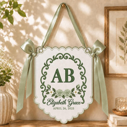 Personalized Monogram Banner Elizabeth Grace Name Wall Hanging Pink Rose Decor Custom Initial AB Scalloped Bow Wedding Keepsake Gift