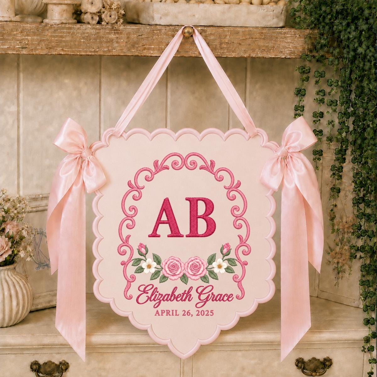 Personalized Monogram Banner Elizabeth Grace Name Wall Hanging Pink Rose Decor Custom Initial AB Scalloped Bow Wedding Keepsake Gift