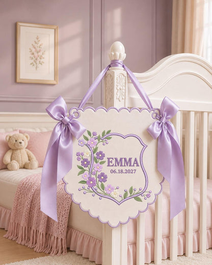 Personalized Floral Embroidered Baby Name Banner, Custom Birth Announcement Sign, Sage Green Nursery Wall Decor, Newborn Baby Gift