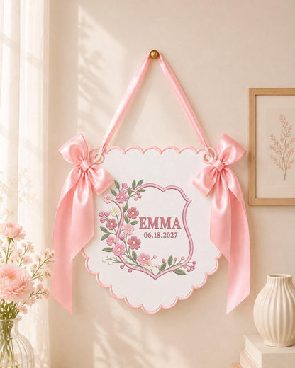 Personalized Floral Embroidered Baby Name Banner, Custom Birth Announcement Sign, Sage Green Nursery Wall Decor, Newborn Baby Gift