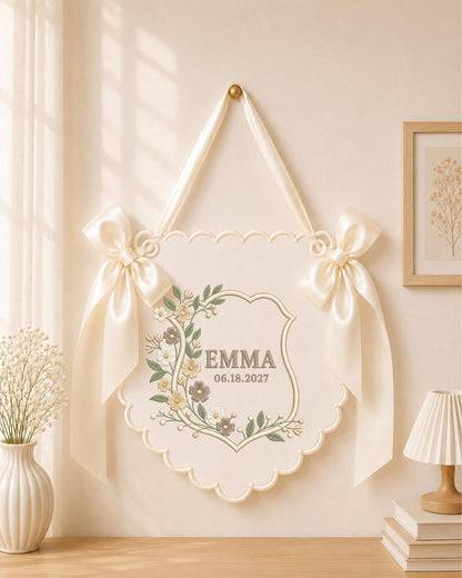 Personalized Floral Embroidered Baby Name Banner, Custom Birth Announcement Sign, Sage Green Nursery Wall Decor, Newborn Baby Gift