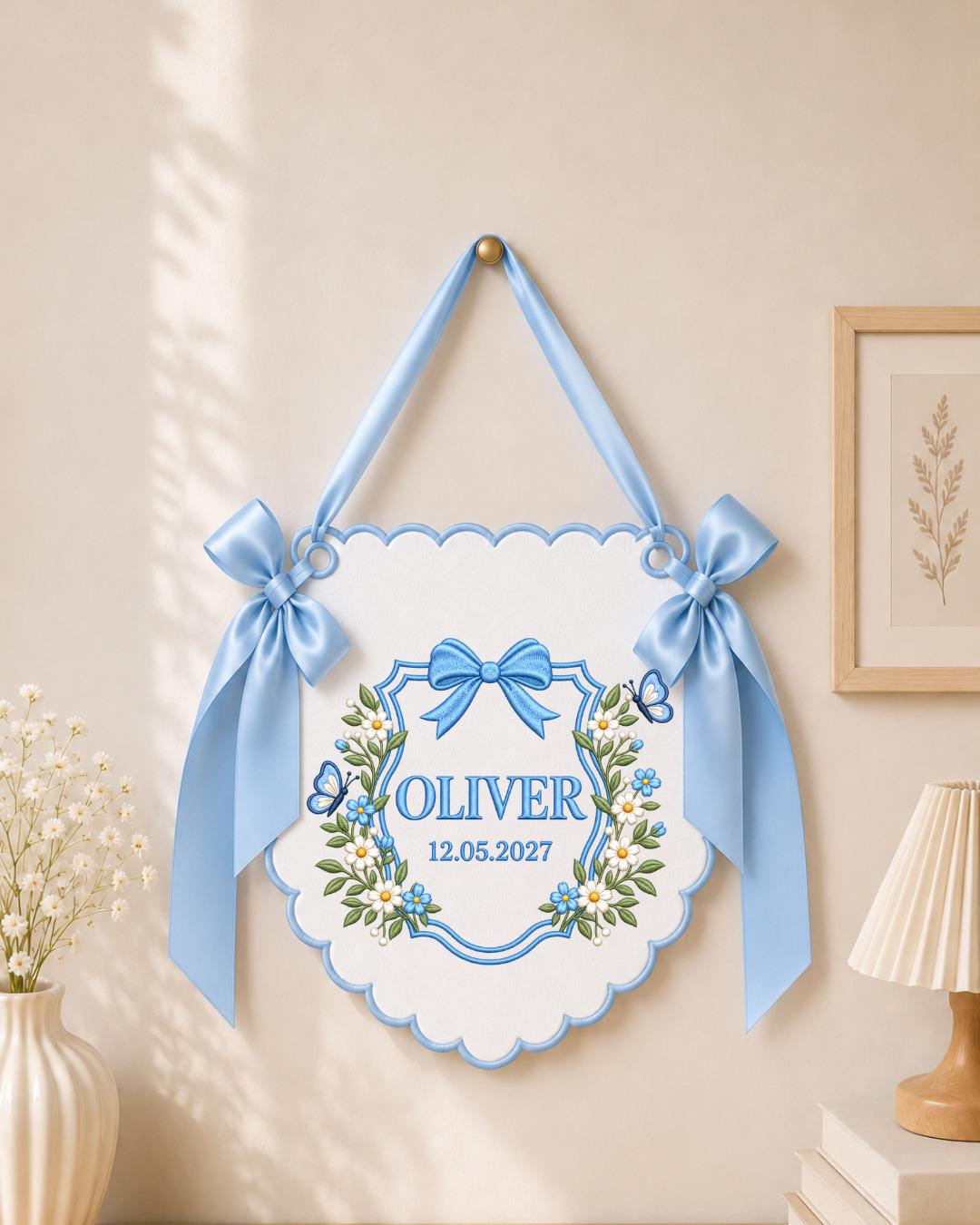 Personalized Floral Embroidered Baby Name Banner, Custom Birth Announcement Sign, Blue Nursery Wall Decor, Newborn Baby Gift