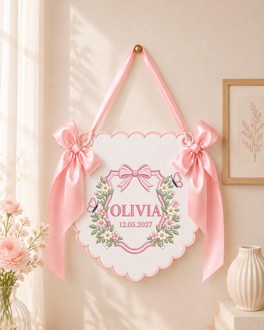 Personalized Floral Embroidered Baby Name Banner, Custom Birth Announcement Sign, Blue Nursery Wall Decor, Newborn Baby Gift