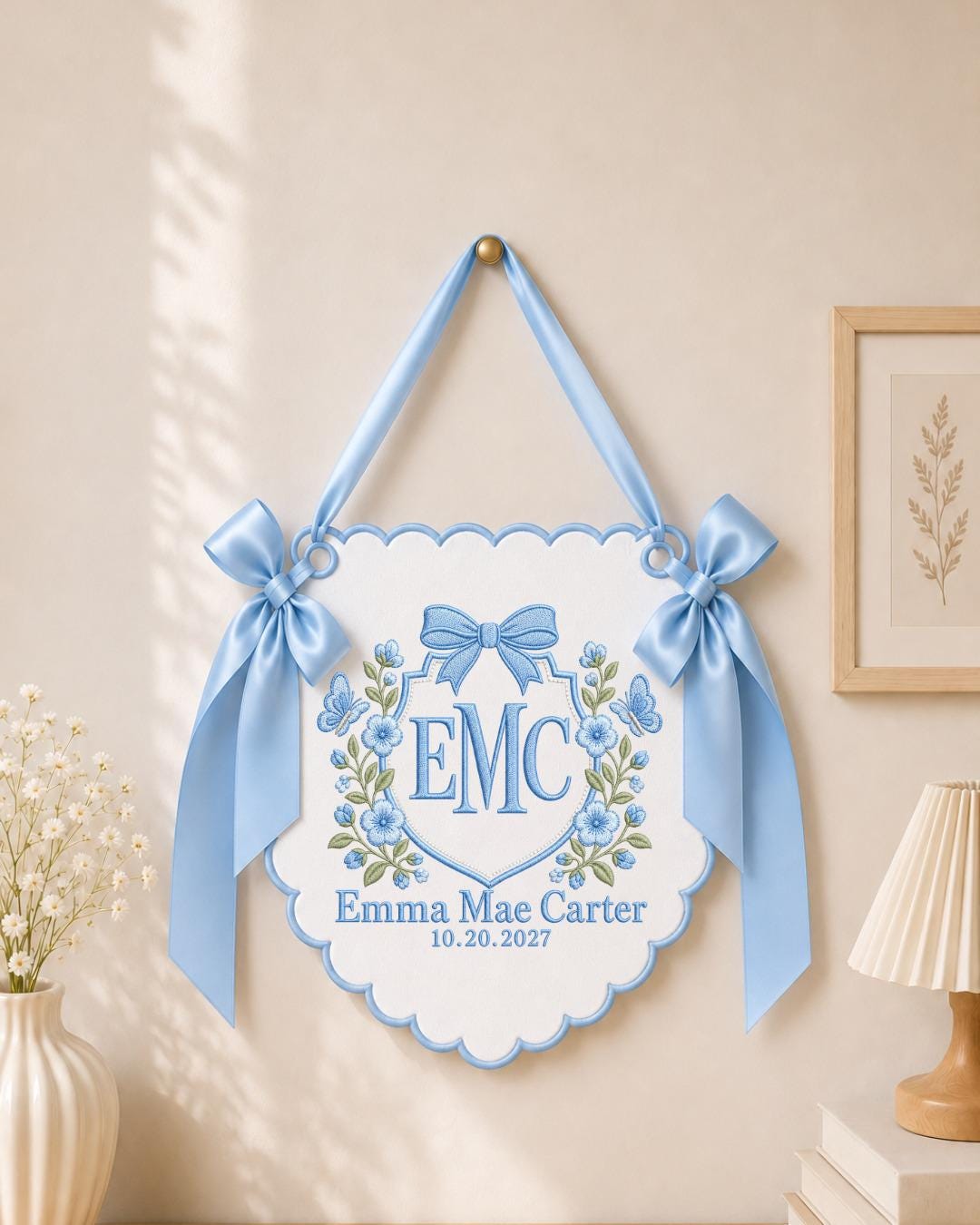 Personalized Floral Monogram Embroidered Baby Banner, Custom Baby Name Sign, Birth Announcement Nursery Decor, Baby Girl Gift