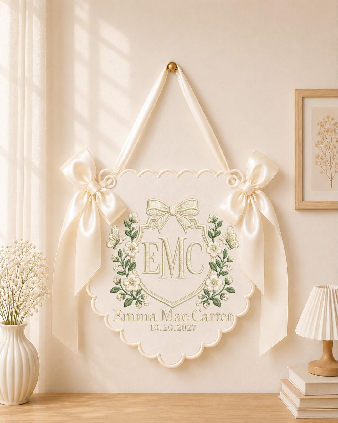 Personalized Floral Monogram Embroidered Baby Banner, Custom Baby Name Sign, Birth Announcement Nursery Decor, Baby Girl Gift