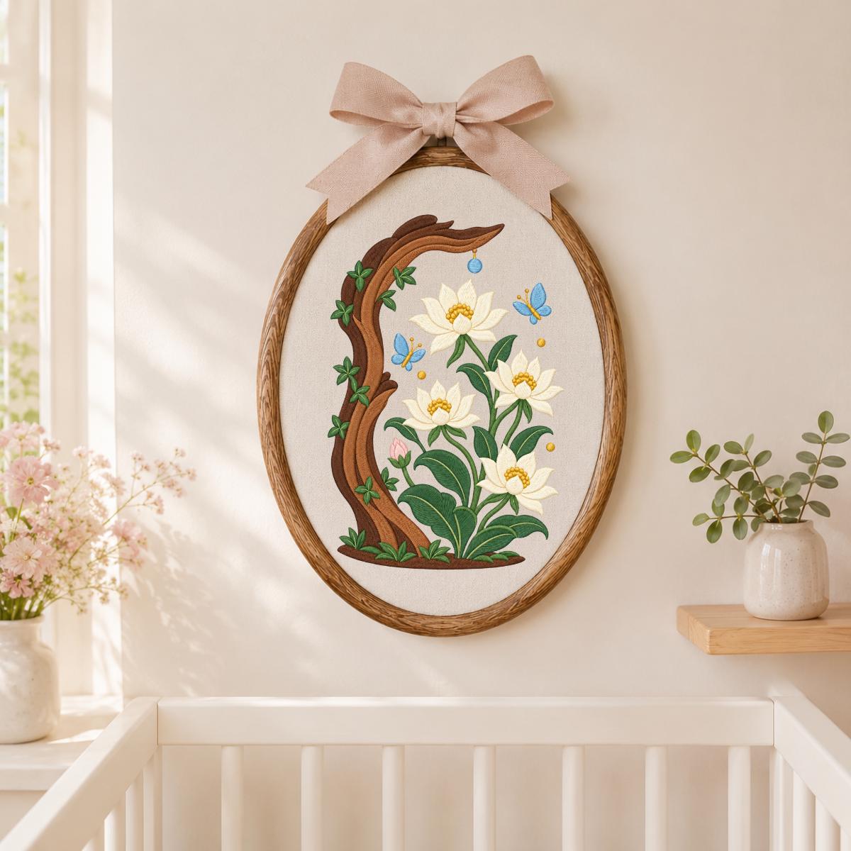 Embroidered Floral Oval Hoop Wall Hanging White Flower Tree Branch Decor Butterfly Nursery Room Art Handmade Nature Gift Home Ornament