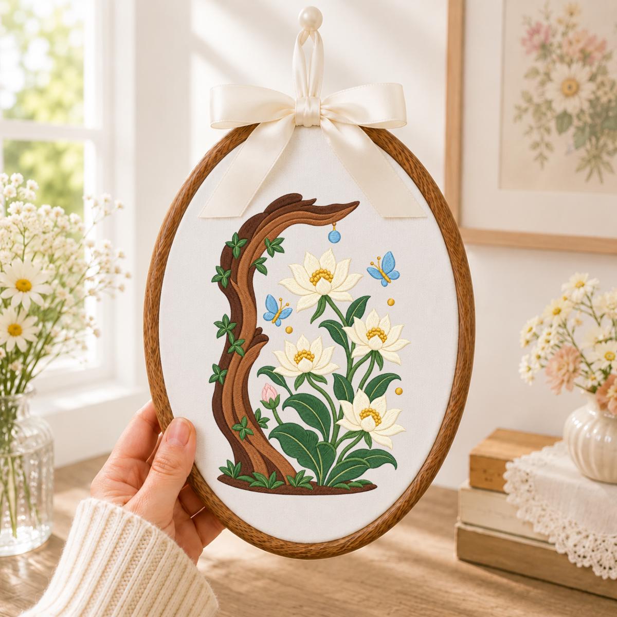 Embroidered Floral Oval Hoop Wall Hanging White Flower Tree Branch Decor Butterfly Nursery Room Art Handmade Nature Gift Home Ornament