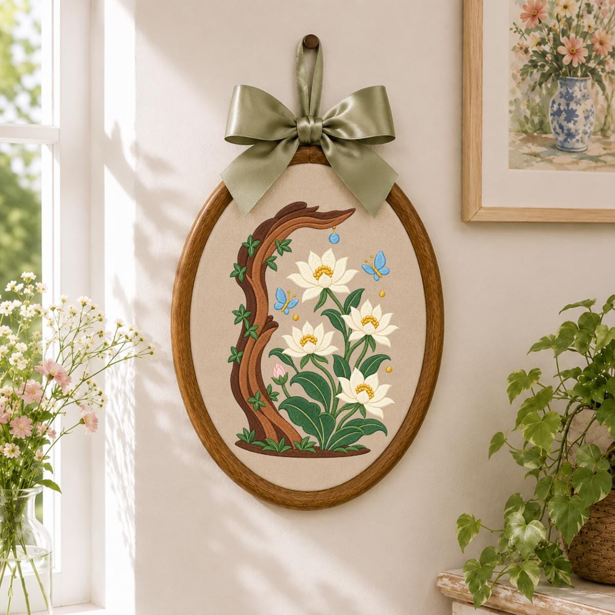 Embroidered Floral Oval Hoop Wall Hanging White Flower Tree Branch Decor Butterfly Nursery Room Art Handmade Nature Gift Home Ornament