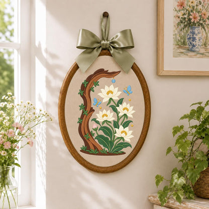 Embroidered Floral Oval Hoop Wall Hanging White Flower Tree Branch Decor Butterfly Nursery Room Art Handmade Nature Gift Home Ornament