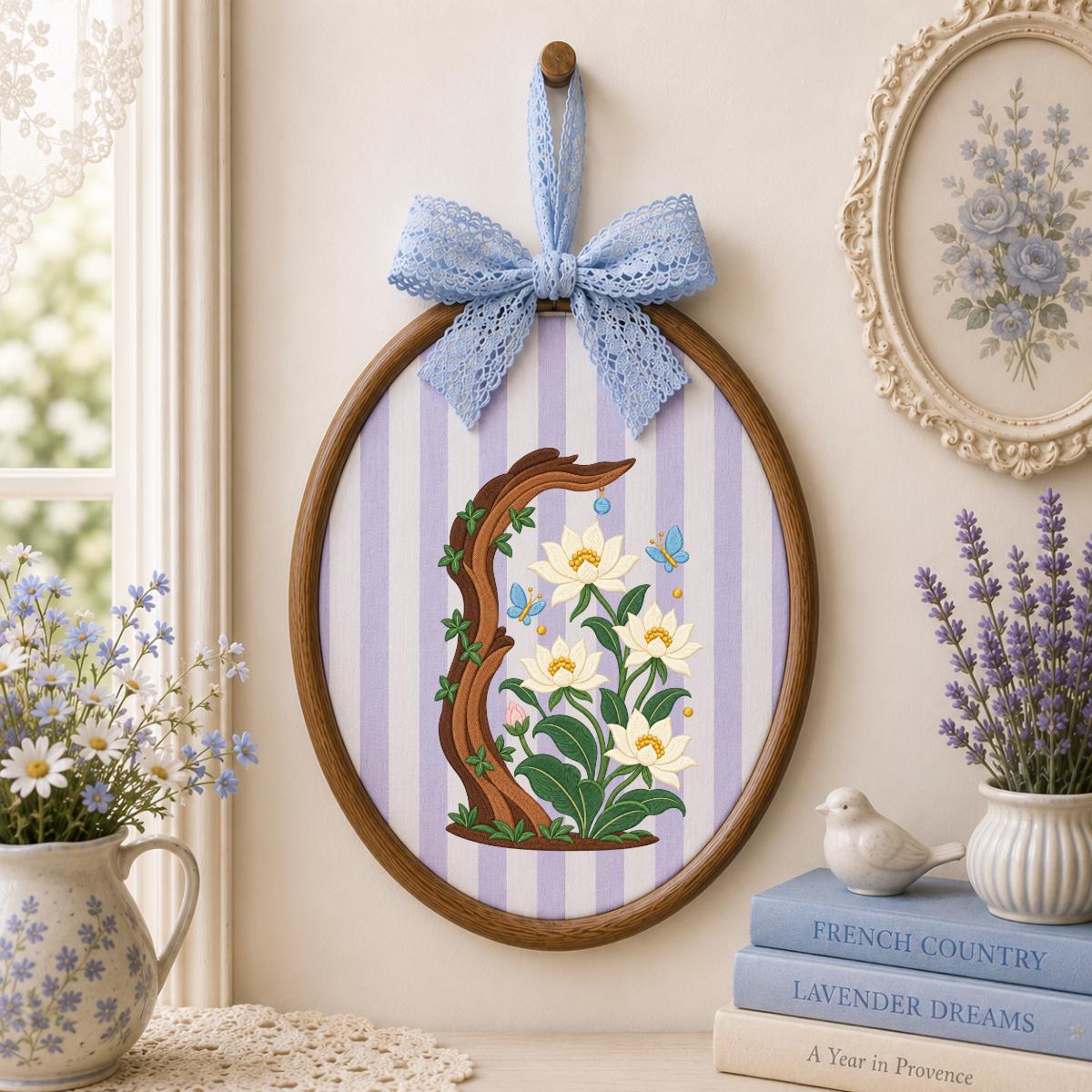 Embroidered Floral Oval Hoop Wall Hanging White Flower Tree Branch Decor Butterfly Nursery Room Art Handmade Nature Gift Home Ornament