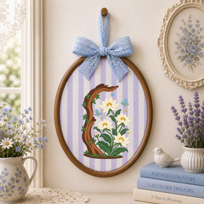 Embroidered Floral Oval Hoop Wall Hanging White Flower Tree Branch Decor Butterfly Nursery Room Art Handmade Nature Gift Home Ornament