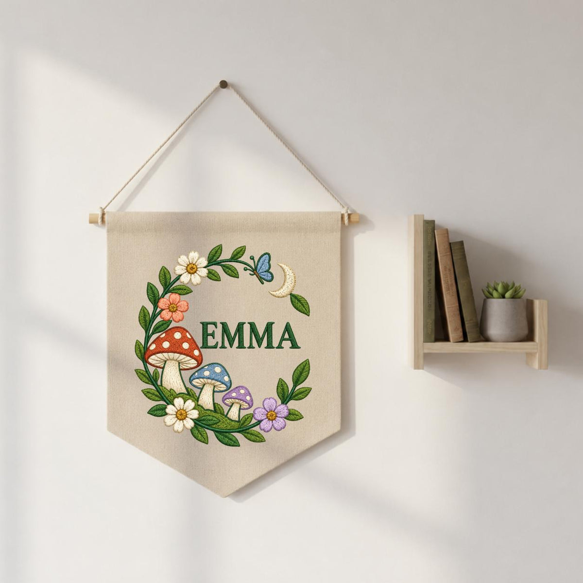 Personalized Emma Mushroom Wall Hanging Embroidered Woodland Banner Floral Garden Decor Crescent Moon Butterfly Nursery Room Gift Art