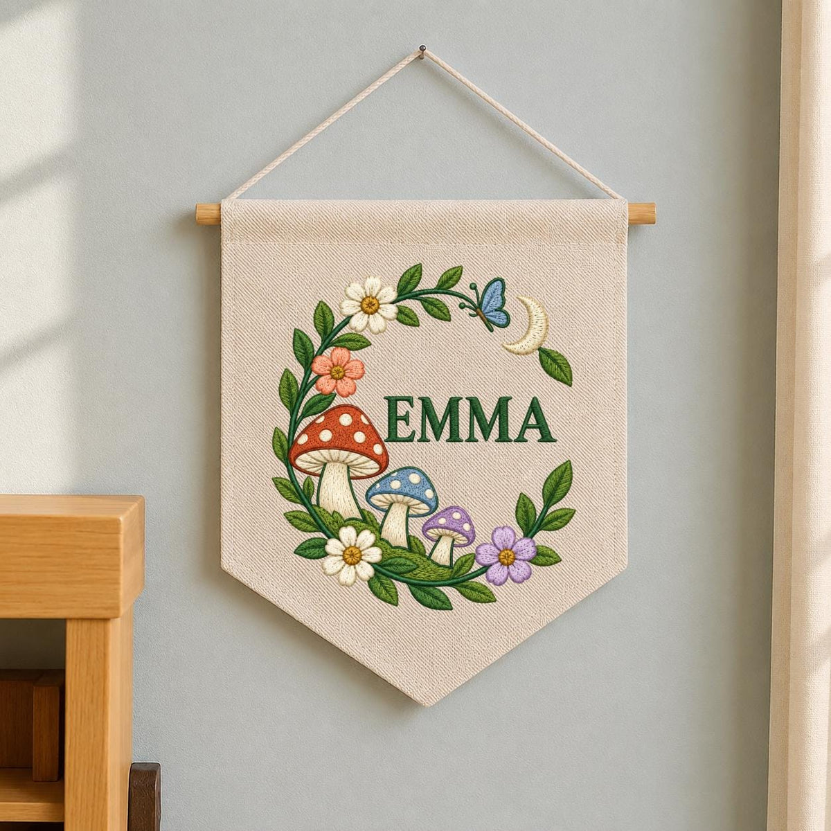 Personalized Emma Mushroom Wall Hanging Embroidered Woodland Banner Floral Garden Decor Crescent Moon Butterfly Nursery Room Gift Art