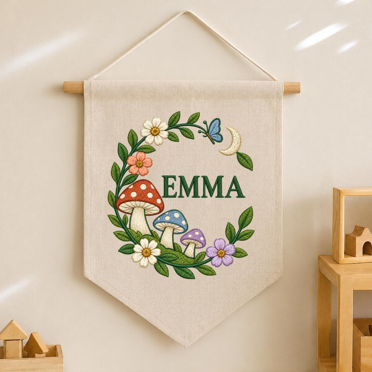 Personalized Emma Mushroom Wall Hanging Embroidered Woodland Banner Floral Garden Decor Crescent Moon Butterfly Nursery Room Gift Art