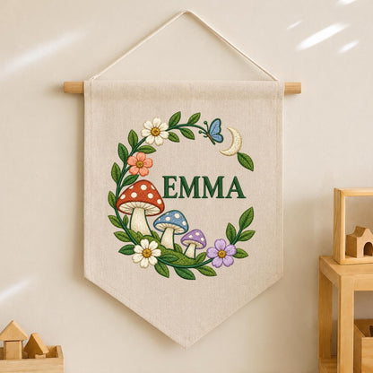 Personalized Emma Mushroom Wall Hanging Embroidered Woodland Banner Floral Garden Decor Crescent Moon Butterfly Nursery Room Gift Art