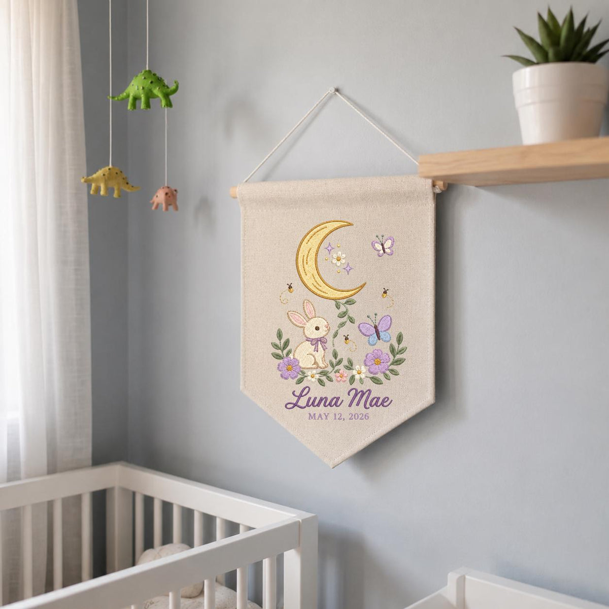 Custom Name Woodland Pennant Banner Bunny Moon Embroidery Wall Decor Purple Flowers Butterfly Nursery Gift Personalized Name Art