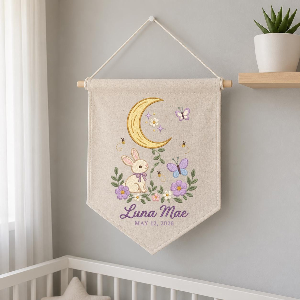 Custom Name Woodland Pennant Banner Bunny Moon Embroidery Wall Decor Purple Flowers Butterfly Nursery Gift Personalized Name Art