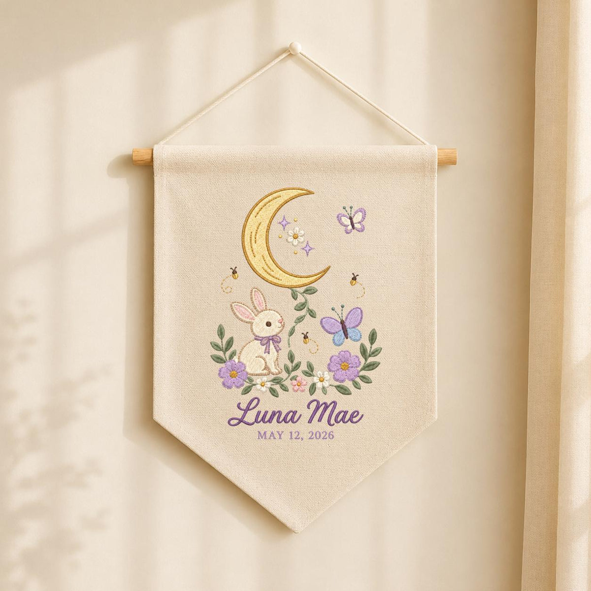 Custom Name Woodland Pennant Banner Bunny Moon Embroidery Wall Decor Purple Flowers Butterfly Nursery Gift Personalized Name Art