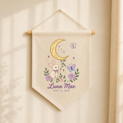 Custom Name Woodland Pennant Banner Bunny Moon Embroidery Wall Decor Purple Flowers Butterfly Nursery Gift Personalized Name Art