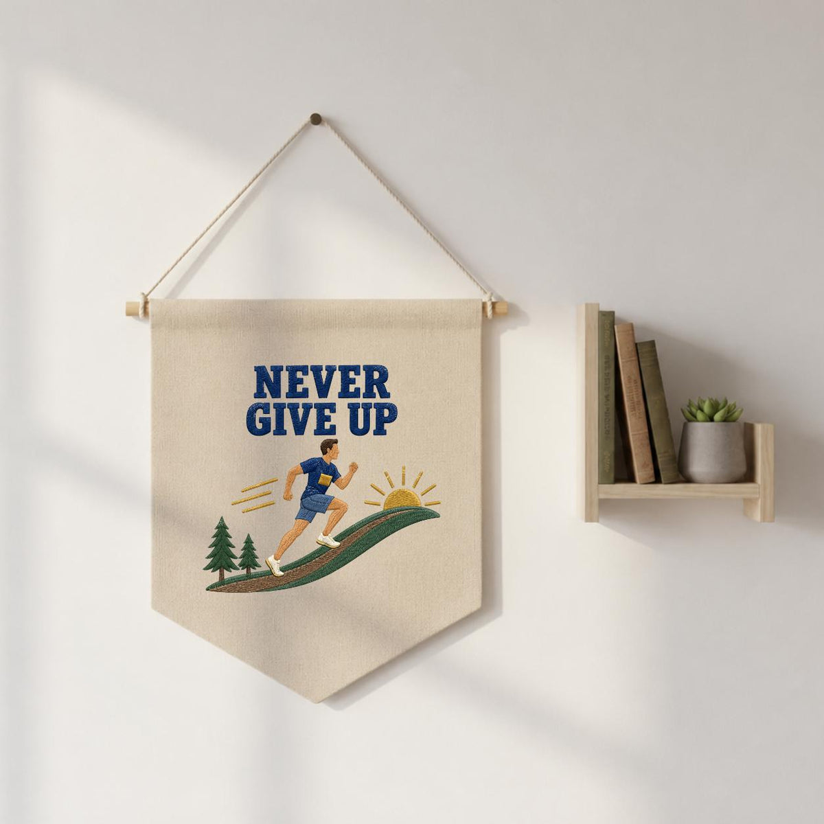 Never Give Up Running Wall Hanging Banner Embroidered Runner Decor Motivational Sports Room Art Fitness Gift for Athlete and Marathon Lover