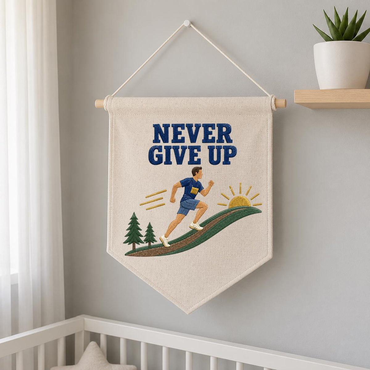 Never Give Up Running Wall Hanging Banner Embroidered Runner Decor Motivational Sports Room Art Fitness Gift for Athlete and Marathon Lover