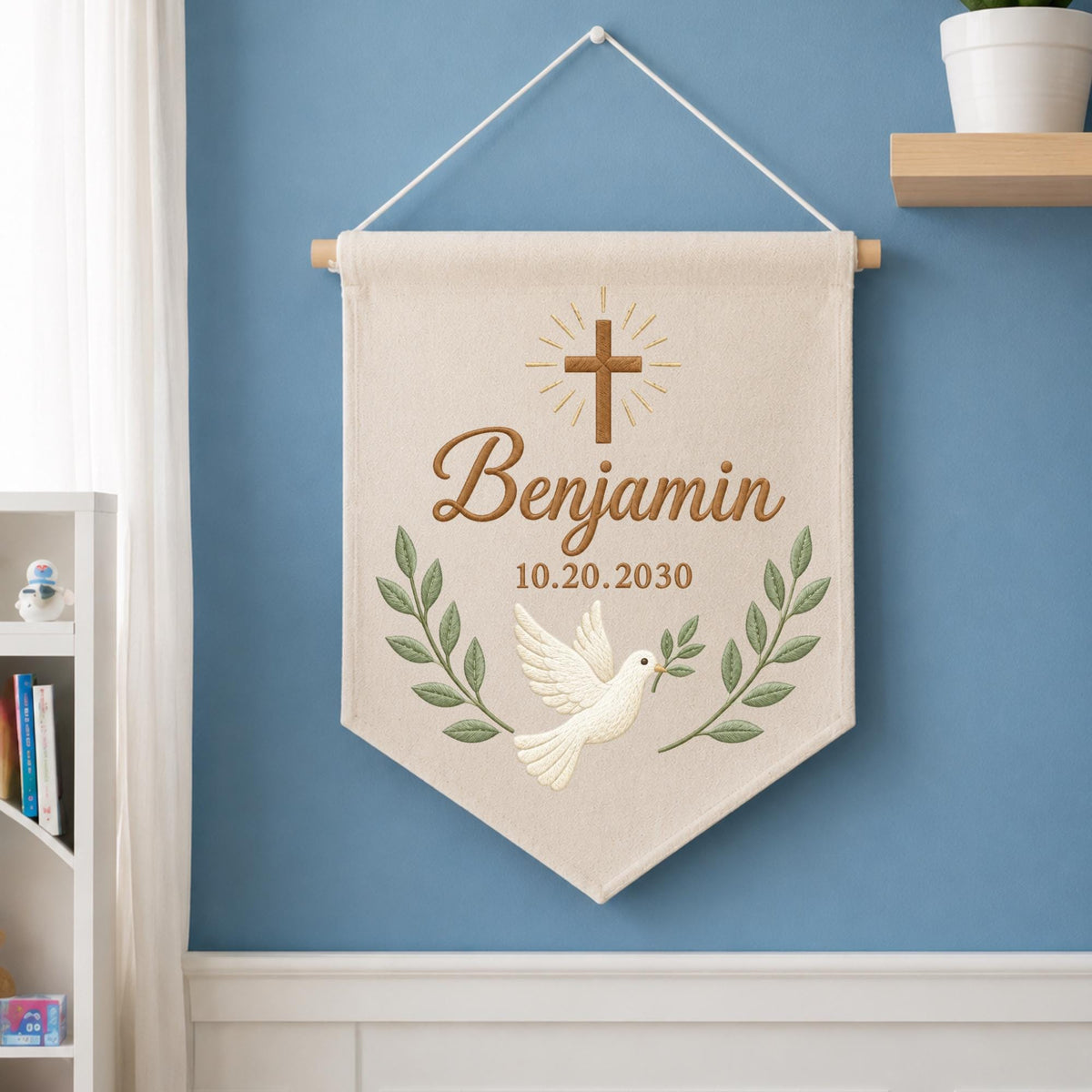 Personalized Christian Baby Name Embroidered Banner, Baptism Cross Dove Nursery Wall Hanging, Custom Christening Gift, Religious Baby Decor