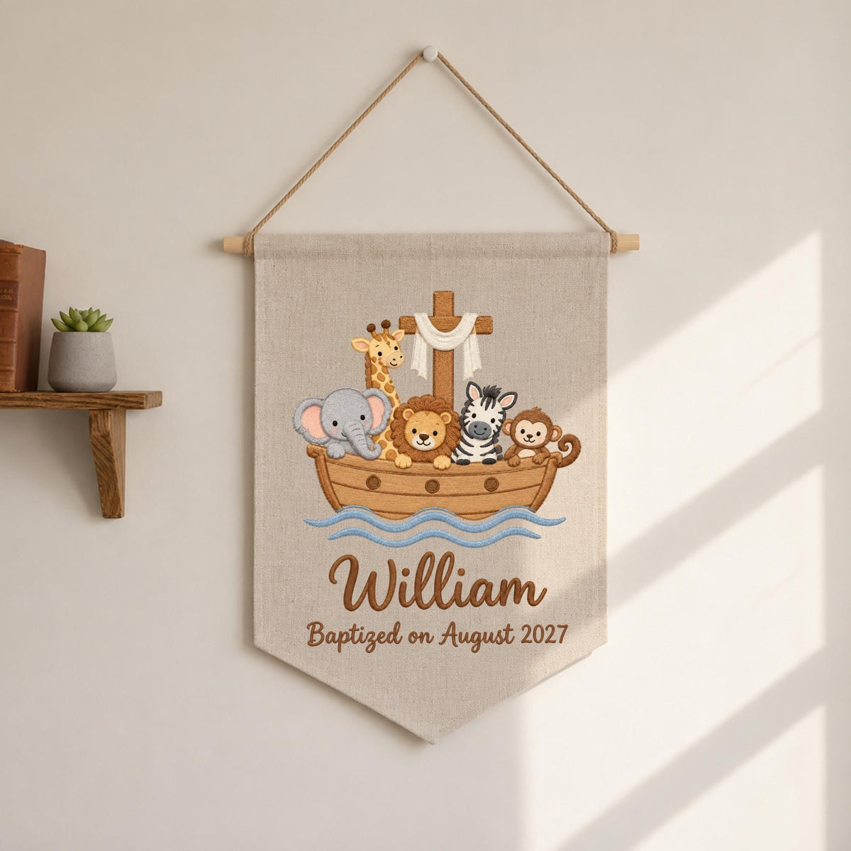 Personalized Noah's Ark Embroidered Baby Banner, Baptism Name Wall Hanging, Christian Nursery Decor, Custom Christening Gift for Baby Boy