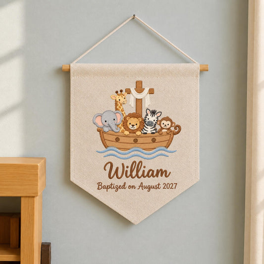 Personalized Noah's Ark Embroidered Baby Banner, Baptism Name Wall Hanging, Christian Nursery Decor, Custom Christening Gift for Baby Boy