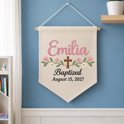 Personalized Baptism Embroidered Banner, Custom Baby Name Baptism Gift, Christian Cross Floral Wall Hanging, Christening Nursery Decor