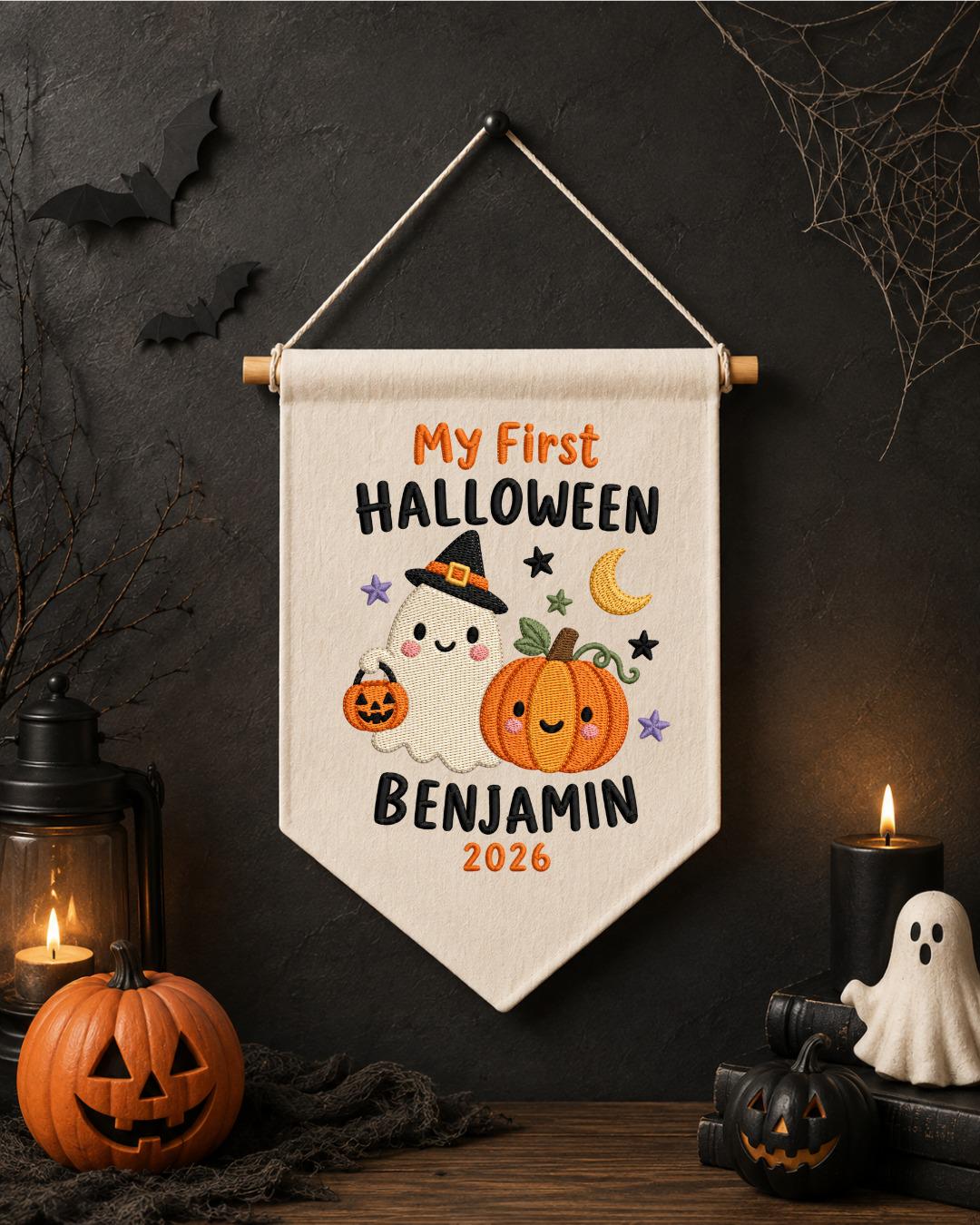 Personalized First Halloween Embroidered Banner, Custom Baby Name Halloween Wall Hanging, Ghost Pumpkin Nursery Decor, Baby Halloween Gift