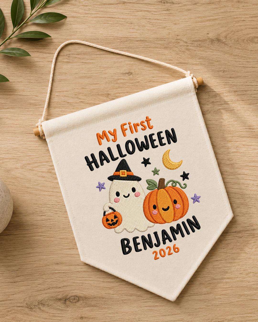 Personalized First Halloween Embroidered Banner, Custom Baby Name Halloween Wall Hanging, Ghost Pumpkin Nursery Decor, Baby Halloween Gift