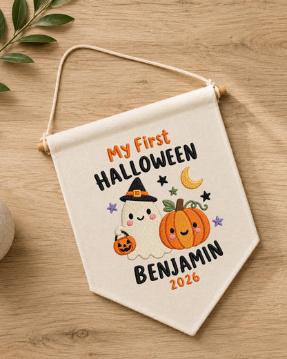 Personalized First Halloween Embroidered Banner, Custom Baby Name Halloween Wall Hanging, Ghost Pumpkin Nursery Decor, Baby Halloween Gift