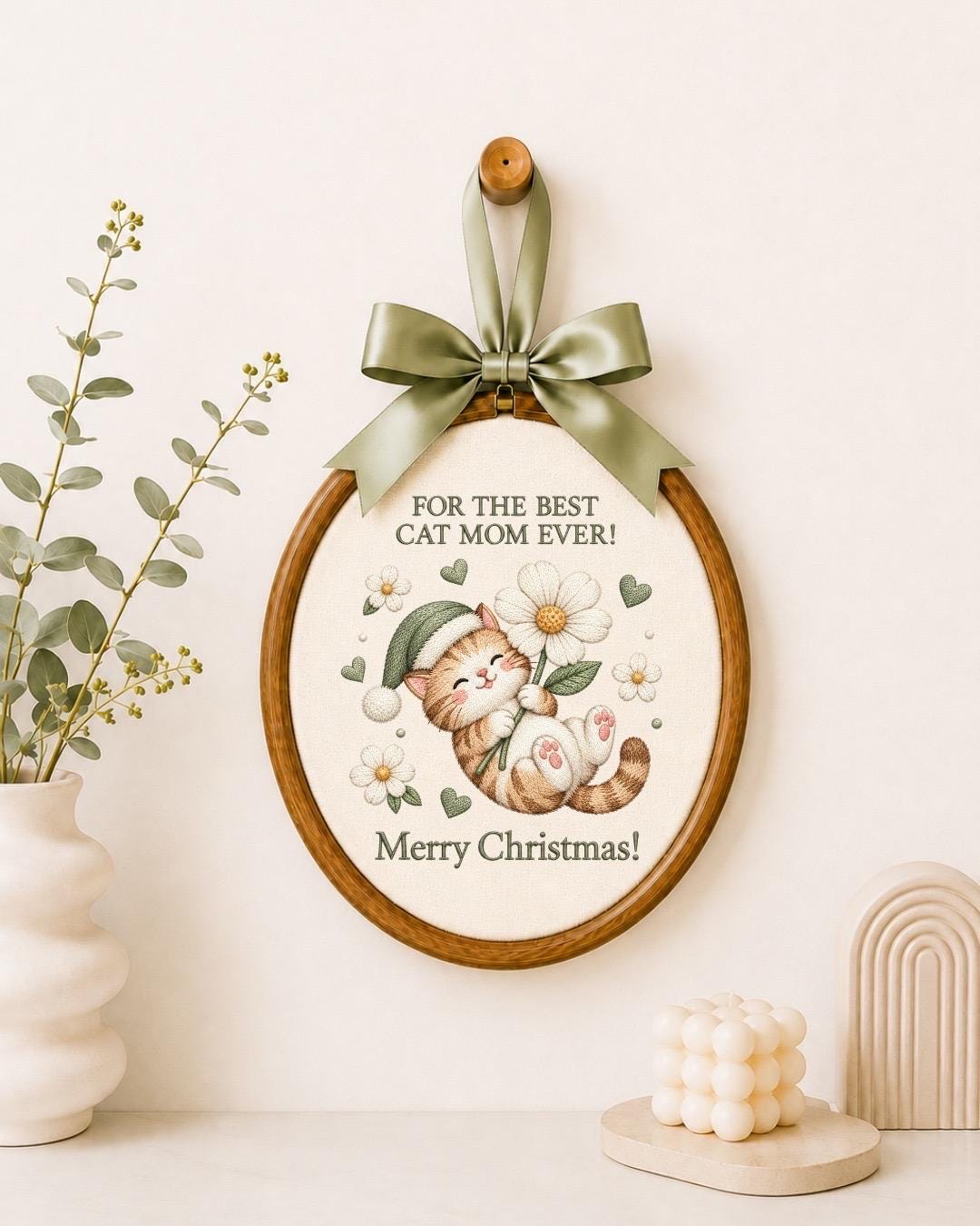 Cat Mom Christmas Embroidered Ornament, Cute Cat Lover Christmas Gift, Best Cat Mom Ever Keepsake, Kitty Holiday Decor