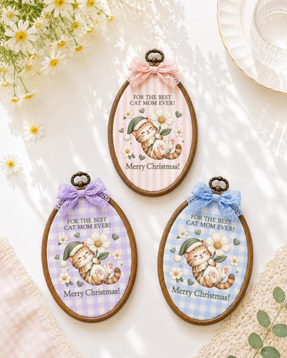 Cat Mom Christmas Embroidered Ornament, Cute Cat Lover Christmas Gift, Best Cat Mom Ever Keepsake, Kitty Holiday Decor