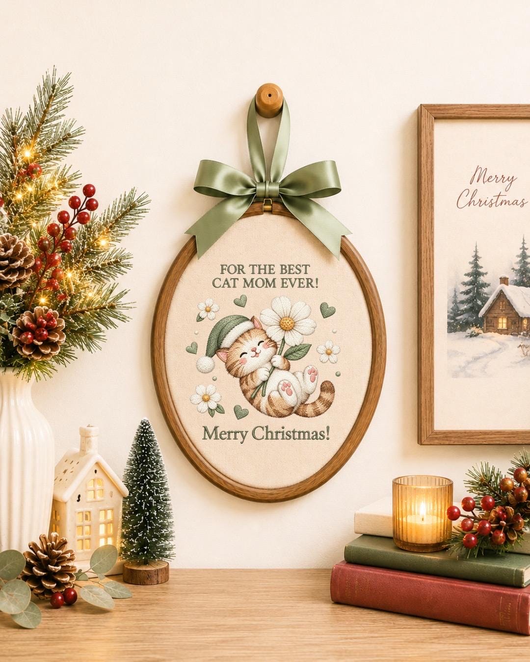 Cat Mom Christmas Embroidered Ornament, Cute Cat Lover Christmas Gift, Best Cat Mom Ever Keepsake, Kitty Holiday Decor