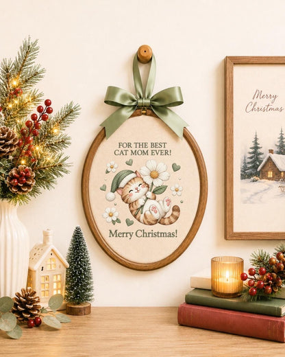 Cat Mom Christmas Embroidered Ornament, Cute Cat Lover Christmas Gift, Best Cat Mom Ever Keepsake, Kitty Holiday Decor