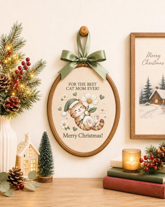 Cat Mom Christmas Embroidered Ornament, Cute Cat Lover Christmas Gift, Best Cat Mom Ever Keepsake, Kitty Holiday Decor