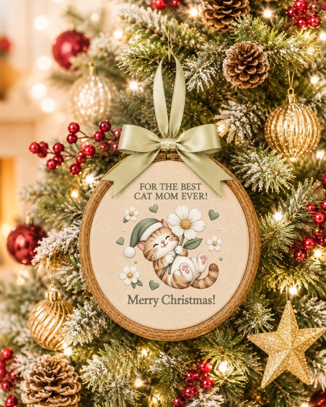 Cat Mom Christmas Embroidered Ornament, Cute Cat Lover Christmas Gift, Best Cat Mom Ever Keepsake, Kitty Holiday Decor