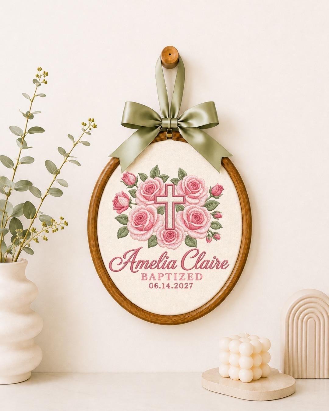 Personalized Baptism Embroidered Ornament, Custom Name Baptized Keepsake, Pink Floral Cross Christening Gift, Baby Girl Baptism Gift