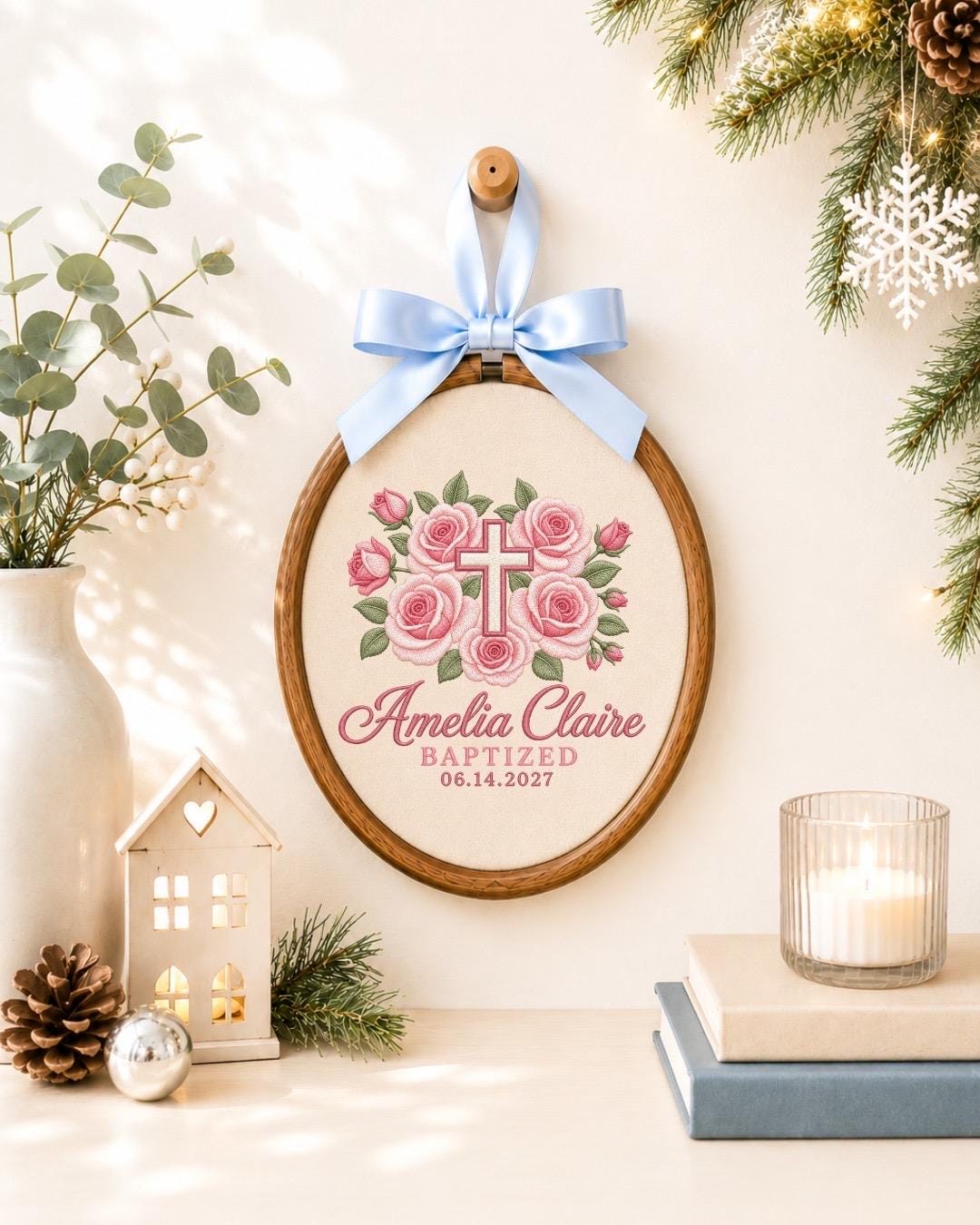 Personalized Baptism Embroidered Ornament, Custom Name Baptized Keepsake, Pink Floral Cross Christening Gift, Baby Girl Baptism Gift
