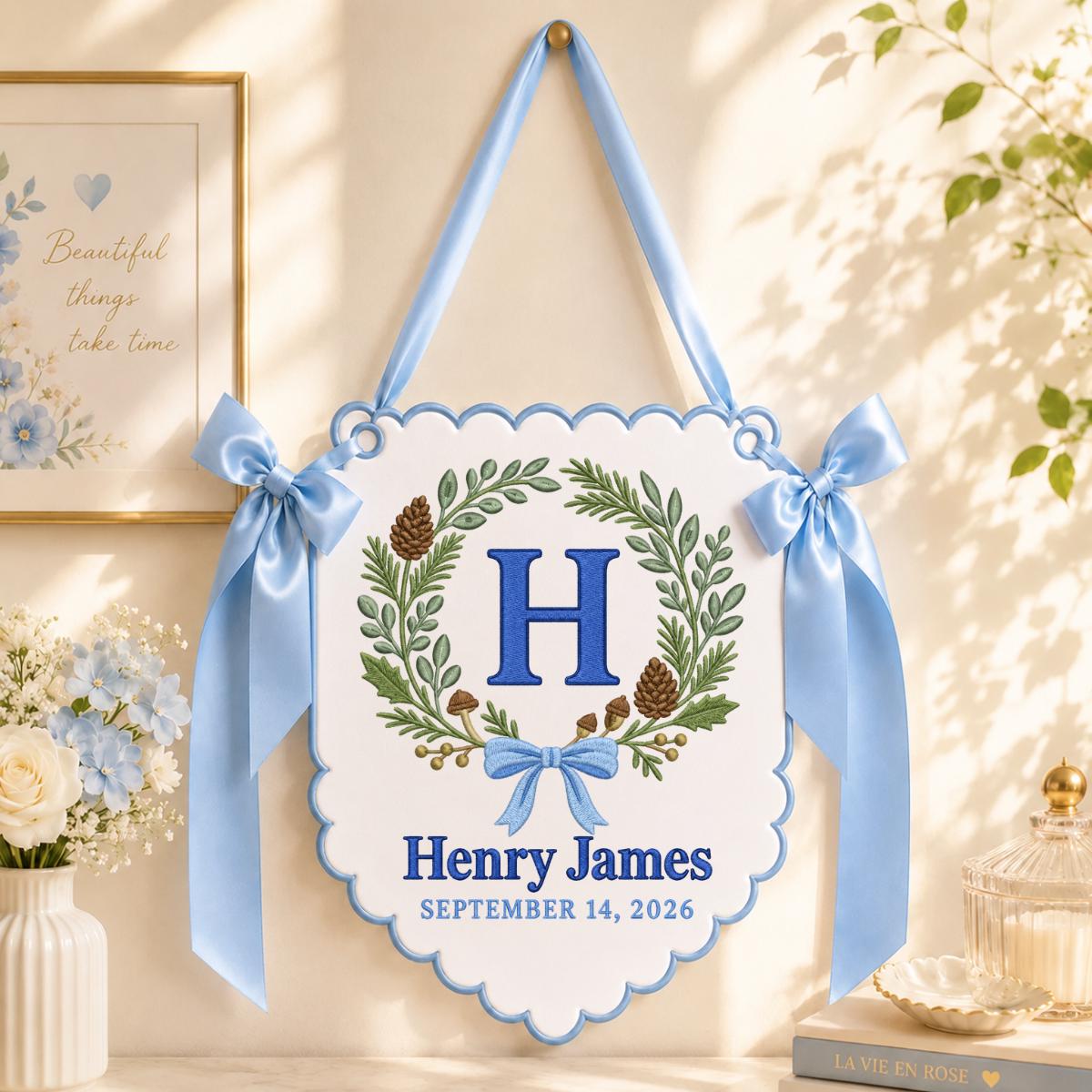 Personalized Woodland Wall Decor Henry James Floral Pine Cone Banner Embroidered Initial H Scalloped Bow Autumn Nursery Keepsake Gift