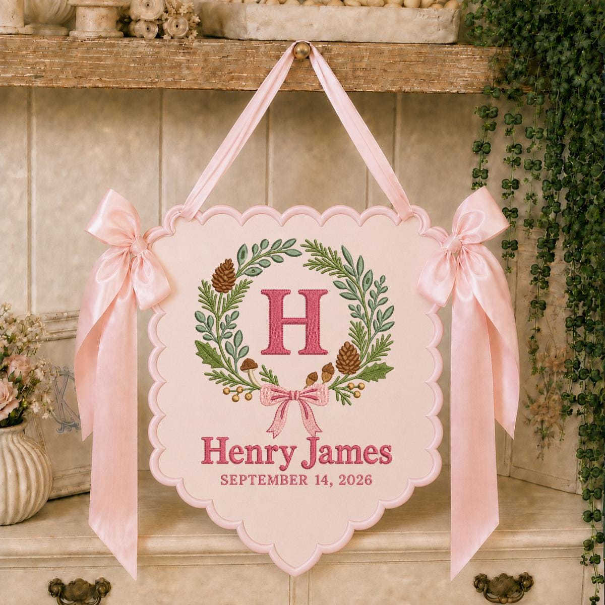 Personalized Woodland Wall Decor Henry James Floral Pine Cone Banner Embroidered Initial H Scalloped Bow Autumn Nursery Keepsake Gift