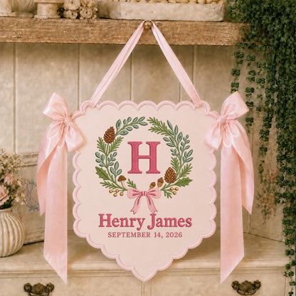Personalized Woodland Wall Decor Henry James Floral Pine Cone Banner Embroidered Initial H Scalloped Bow Autumn Nursery Keepsake Gift