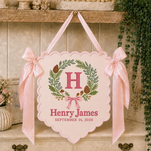 Personalized Woodland Wall Decor Henry James Floral Pine Cone Banner Embroidered Initial H Scalloped Bow Autumn Nursery Keepsake Gift