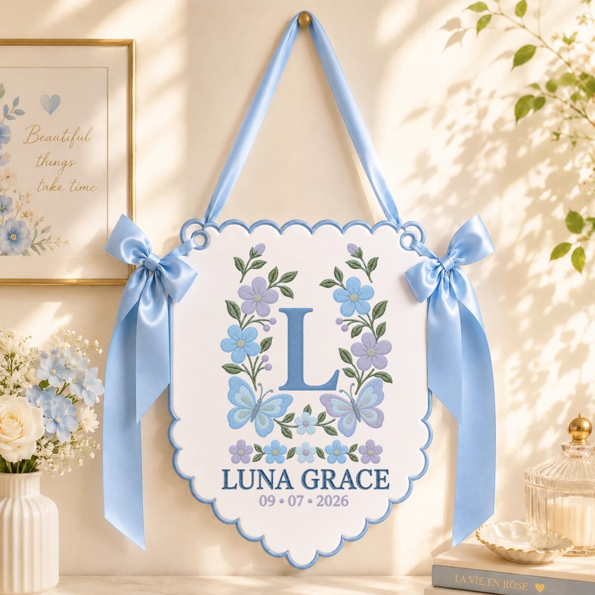 Personalized Monogram Scalloped Banner, Custom Name Luna Grace Initial L Embroidered Lavender Bows Nursery Wall Sign Decor