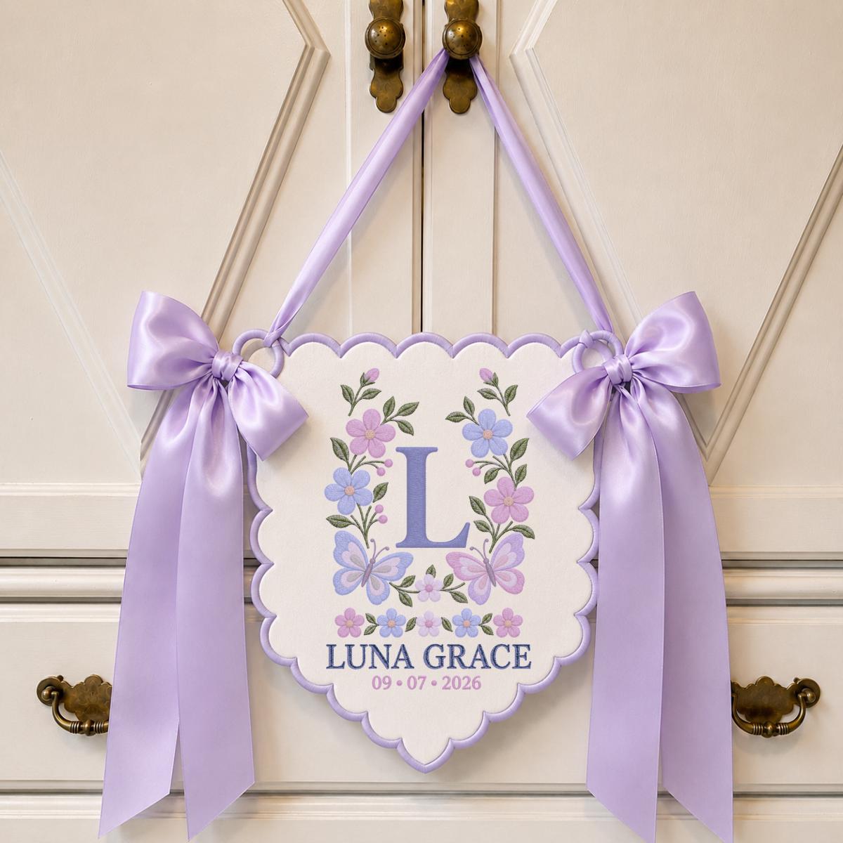 Personalized Monogram Scalloped Banner, Custom Name Luna Grace Initial L Embroidered Lavender Bows Nursery Wall Sign Decor