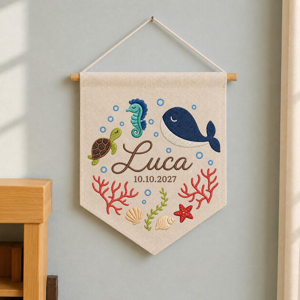 Personalized Ocean Baby Name Banner, Embroidered Whale Nursery Wall Decor, Custom Under the Sea Baby Gift, Baby Boy Room Sign